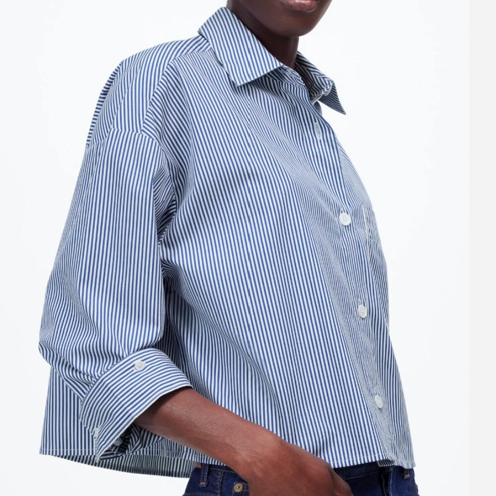 Straight-Hem Cotton Poplin Shirt – Blue & White Stripe, Size S, New With Tags